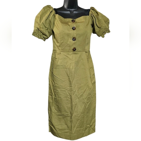 Zara Khaki Off-Shoulder Puff Sleeve Dress - Picture 5 of 8